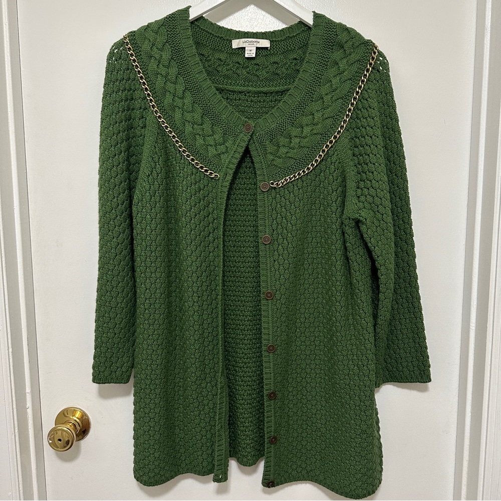 Liz Claiborne New York Women’s Cardigan Sweater Green Gold Chain Detail Size M